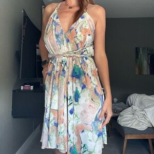 Watercolor dress with long tassel ties for variety of styles
